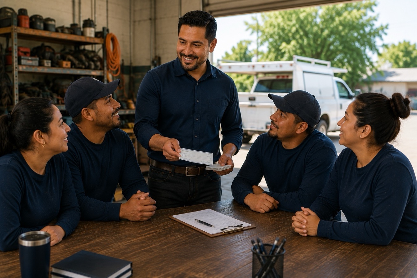 A business owner running payroll with their team.